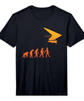 Black tee with hang glider art evolution print for guys and gals, men and women hang gliding enthusiasts, athletes, instructors, and outdoor