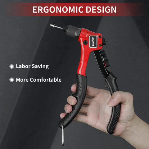 Manual Pop Rivet Gun Kit With 200 Aluminum Rivets In Four Sizes And Four Drill Bits For Easy Installation ergonomic design view in hand.