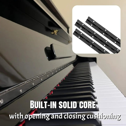 Rugged Black Stainless Steel Piano Hinges Six Inch Continuous Door Strips on piano with opening and closing cushioning.