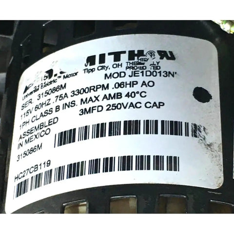 Husky Direct Swap Draft Inducer Fan Motor Assembly With Screwdriver Free Install Tough Build No Sweat Retrofit For Furnace Ventilation Durable Aftermarket Upgrade For Dead Sure Airflow motor specification label showing model and electrical details.