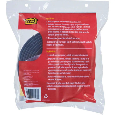 Package of 9 Foot Black Rubber Garage Door Bottom Seal with instructions visible, used for weatherproofing and draft blocking.