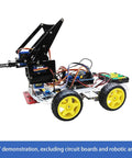 DIY Robot Smart Car Metal Chassis Kit With 4WD TT Motors And Speed Encoder Learn Arduino Microbit Raspberry Pi For Adults 15 Plus Unassembled Gear Up For STEM Projects And Custom Sensor Integration, shown with wheels and wiring.