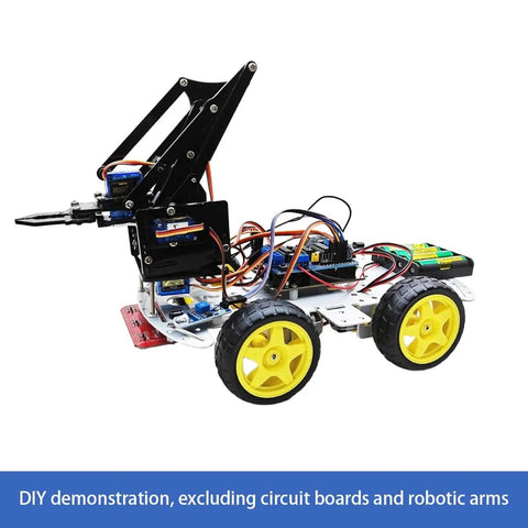 DIY Robot Smart Car Metal Chassis Kit With 4WD TT Motors And Speed Encoder Learn Arduino Microbit Raspberry Pi For Adults 15 Plus Unassembled Gear Up For STEM Projects And Custom Sensor Integration, shown with wheels and wiring.