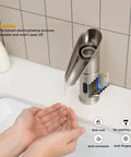 LED Waterfall Touchless Bathroom Faucet With Motion Sensor, colorful lighted water stream, nickel finish with hands under stream
