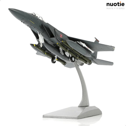 Dope 1 to 100 Scale F-15E Eagle Twin Engine Fighter Pre Build Model Kit Alloy Diecast Aircraft angled on stand