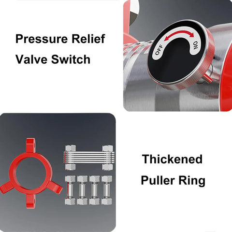 Pressure relief valve and thickened puller ring components of 50T Hydraulic Bearing Puller And Gear Separator Tool With Forged Alloy Steel.