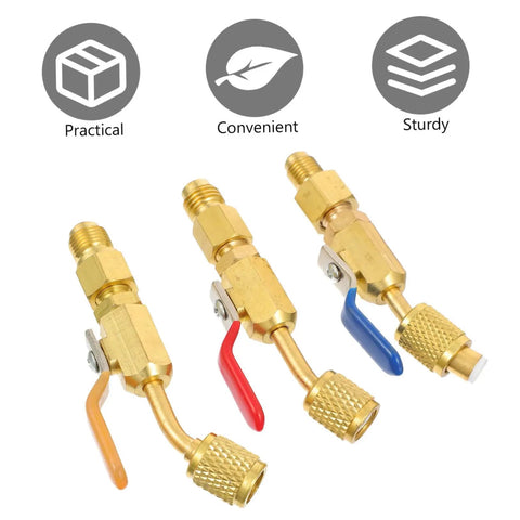 Three Piece Heavy Duty Solid Brass Ball Valves That Slide Into Tight Spaces Like A Dream And Deliver A Bulletproof Shut Off With No Sweat Hook Up For Any Plumbing Or HVAC Project, showcasing three valves with varied handles.