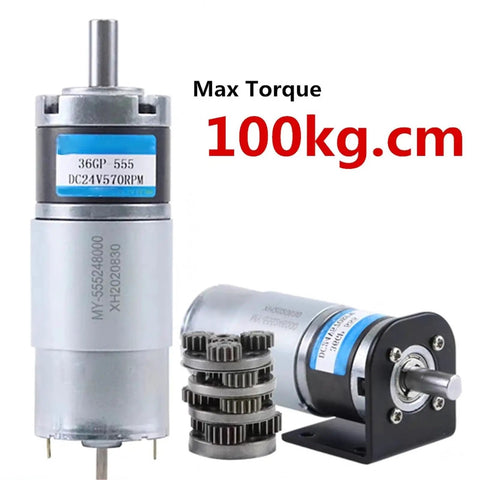Beefy 100 kg cm High Torque Planetary Gear Motor for DC 12V and 24V Systems, 8mm Shaft, 296 RPM displayed with gear components.