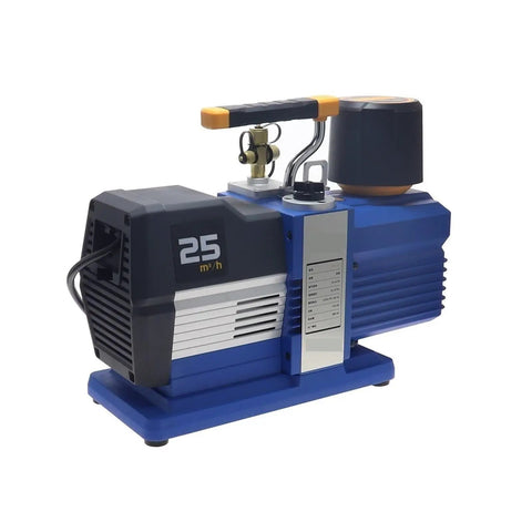 Heavy Duty Two Stage Vacuum Pump With Automatic Refill Kit, 15 Cfm 3/4 Hp Double Vane generating powerful suction in blue design.