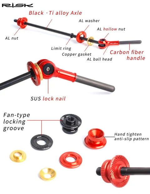 Ultralight Titanium Quick Release Skewer Set For Carbon Fiber Road And MTB Wheels, 40.35g Each, Ti Axis, Carbon Handle, diagram display