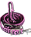 Roping Knotted Horse Tack Western Barrel Reins Nylon Braided Non Slip Grip Pink Black 60706 coiled with metal clips