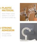 Heavy Duty Adhesive Wall Hooks 30 Pack Straight Up No Drill Setup For Bathroom Kitchen Storage Waterproof Plastic Home Organization showing strong plastic hooks and adhesion.
