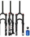 Set of 20 Inch Mountain Bike Front Suspension Air Fork with 120 To 140 Millimeter Travel 100 Millimeter Hub Spacing One And One Eighth Inch Straight Steerer Manual Lockout Quick Release Fits Up To Two And A Half Inch Tires Black, showing components and accessories.