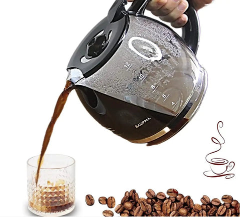 Pouring coffee from 12-Cup Glass Replacement Coffee Carafe Universal Fit For Most 12-Cup Coffeemakers With Black Handle into a glass