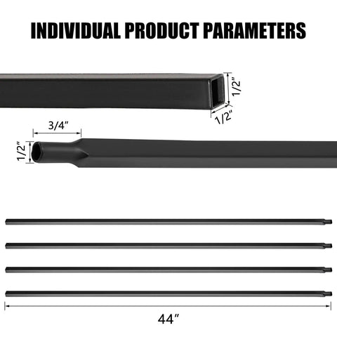 Top Shelf 30 Pack Of 44 Inch Wrought Iron Balusters With Badass Satin Black Finish showing dimensions of spindles and tube shape.