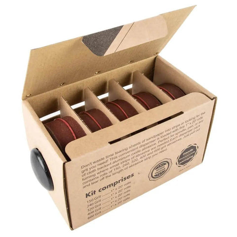 Sanding Strip Kit With Dispenser, 5 Grit Range 150 240 320 400 600 Rolls for woodturners and woodworking, open box view