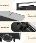 Close-up of Aigostar Silver 1000W Panini Press Grill showing anti-scald handle, indicator light, non-slip feet, and concealed cord.