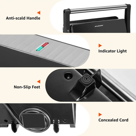 Close-up of Aigostar Silver 1000W Panini Press Grill showing anti-scald handle, indicator light, non-slip feet, and concealed cord.