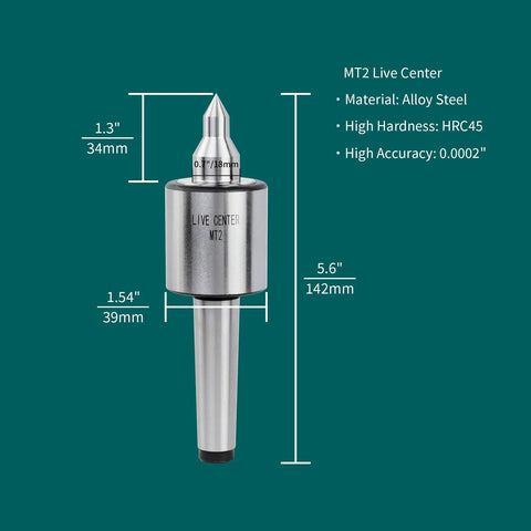 MT2 Live Tailstock Center Long Nose 60 Degree Point With Triple Bearings High Accuracy 0.0002 Inch 220 LB Load Capacity