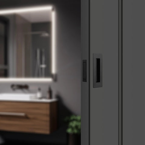 Pocket Door Pull And Edge Pull Set Matte Black Recessed Flush Handles For Sliding Doors installed in contemporary bathroom
