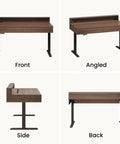 Height Adjustable Electric Standing Desk With Flip Top Hidden Storage And Handleless Drawers Featuring Motion Sensor LED Light From front and side views.