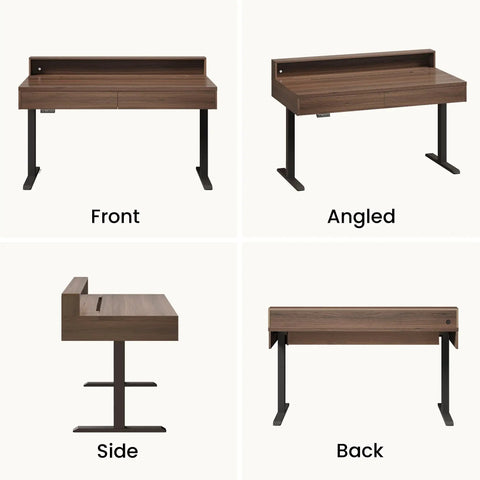 Height Adjustable Electric Standing Desk With Flip Top Hidden Storage And Handleless Drawers Featuring Motion Sensor LED Light From front and side views.