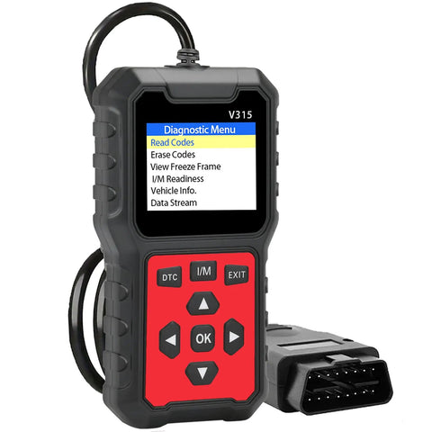 OBD2 Car Diagnostic Scanner With Full Read And Clear Codes, Engine Light Reset, featuring red buttons and screen display.