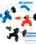 Colorful components of bike wheel truing stand and rim adjustment tool kit with spoke key and rubber strap for mountain bikes.