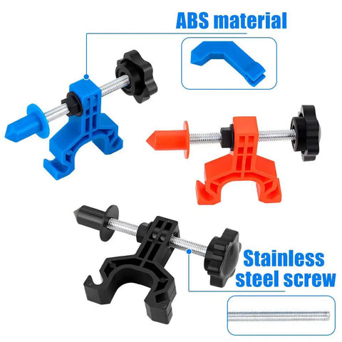 Colorful components of bike wheel truing stand and rim adjustment tool kit with spoke key and rubber strap for mountain bikes.