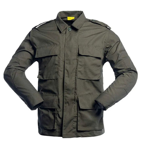 Men's Tough As Nails Tactical Hunting Outfit Featuring Ripstop Camo Jacket. Heavy duty shirt with pockets for airsoft skirmishes.