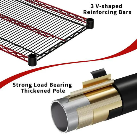Heavy Duty 5 Tier Wire Shelving Rack With Massive Load Rating For Garage Pantry Kitchen Organization And Commercial Display That Is Legit Bombproof Setup For Your Home Office, featuring V-shaped reinforcing bars and thickened load-bearing pole.