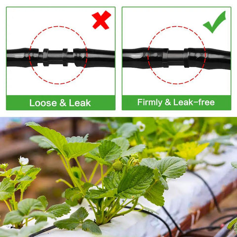All In One 1/4 Inch Drip Irrigation Fittings Kit With 130 Pieces showing leak-free connection with barbed couplings