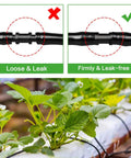 Illustration showing leak-free connection of Hundred Piece Drip Irrigation Barbed Couplings Set for One Quarter Inch Tubing in garden.