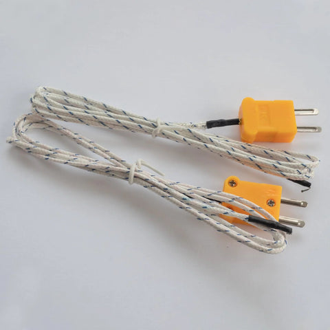 Two K-type thermocouples with plug, stainless steel probes, 3.3 ft braided white cables with yellow plug ends