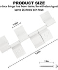 Diagram of RV Door Hinge Replacement 198295 Hinge Assembly White Two Pack dimensions with screw size and wind resistance details.