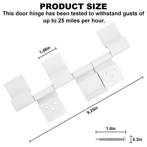 Diagram of RV Door Hinge Replacement 198295 Hinge Assembly White Two Pack dimensions with screw size and wind resistance details.