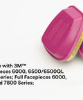 P100 Respirator Cartridge Filter 60928, 1 Pair, NIOSH Approved shown with pink and yellow design, compatible with 3M facepieces