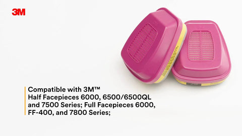 P100 Respirator Cartridge Filter 60928, 1 Pair, NIOSH Approved shown with pink and yellow design, compatible with 3M facepieces