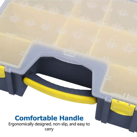 Adjustable Plastic Toolbox With Flexible 9 Compartment Layout, featuring non slip handle for easy access and quick organization