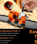 Portable Chainsaw Sharpening Kit For No Fuss Edge Renewal positioned on chainsaw with fine adjustment knob, close-up view