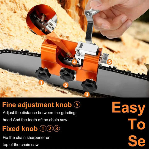 Portable Chainsaw Sharpening Kit For No Fuss Edge Renewal positioned on chainsaw with fine adjustment knob, close-up view