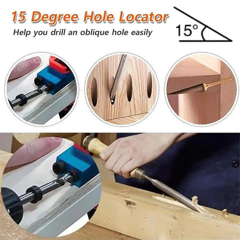 Pocket Hole Jig Kit For Woodworking, Aluminum 14-Piece Joint Locator Set showing 15 Degree guides in use on multiple wood types