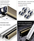 Concealed track sliding door kit with one-piece alloy rollers, 3mm thick aluminum track, 40kg load capacity, anti-oxidation finish.