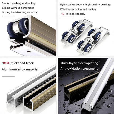 Concealed track sliding door kit with one-piece alloy rollers, 3mm thick aluminum track, 40kg load capacity, anti-oxidation finish.