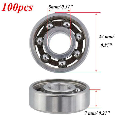 100 Pack 608 Steel Ball Bearings 8X22X7mm Open Deep Groove, showing size dimensions and chrome steel material.