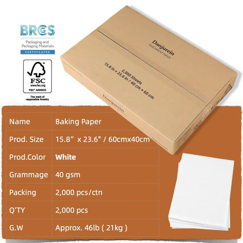 Box of massive 16x24 inch parchment paper roll with 2000 sheets of industrial grade oven paper safe up to 428 degrees Fahrenheit.