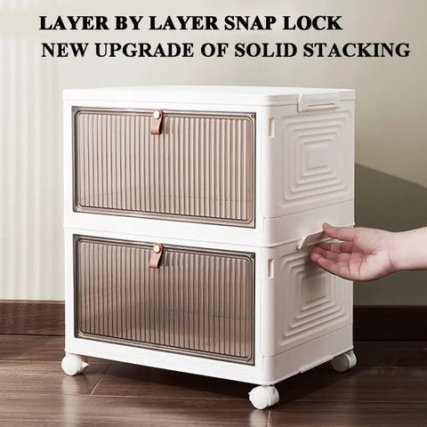 Clear Foldable Door Storage Organizer With Snap On Lids Stackable Polypropylene Hanging Bins showing two-tier design with easy access handle.