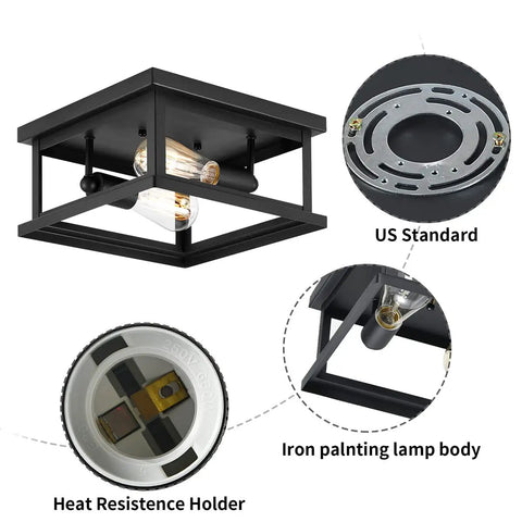Two Light Flush Mount Ceiling Light Fixture For Farmhouse Industrial Vintage Style in black iron showing key features.