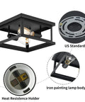 2 Light Flush Mount Ceiling Light Fixture in Farmhouse Industrial Vintage Style for Kitchen Bedroom Hallway and Entryway, black iron details and components shown