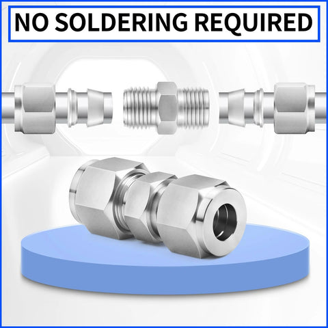 Five ChillWaves 304 stainless steel compression tube fittings, 3/8 in OD x 3/8 in OD union connectors (5-pack).